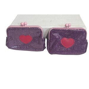 Purple Glitter Coin Purse With Pink Heart Cute Sparkly Change Holder 5" x 3.75"